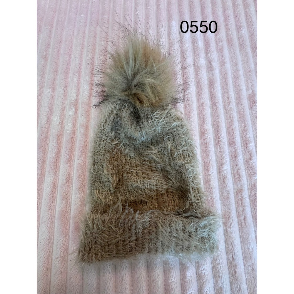 Unbranded Kids Shaggy Faux Fur Pom Pom Beanie Knit Winter Hat Tan Beige Fuzzy